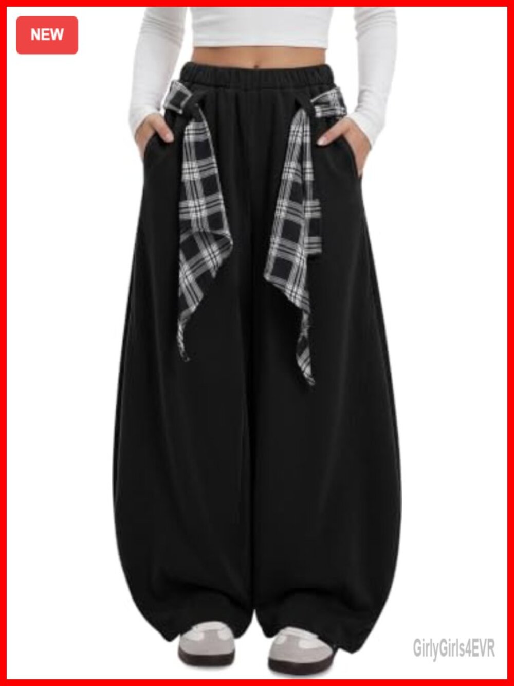 TARSE Barrel Sweatpants Wide Leg Plaid Tie High Waist Oversized